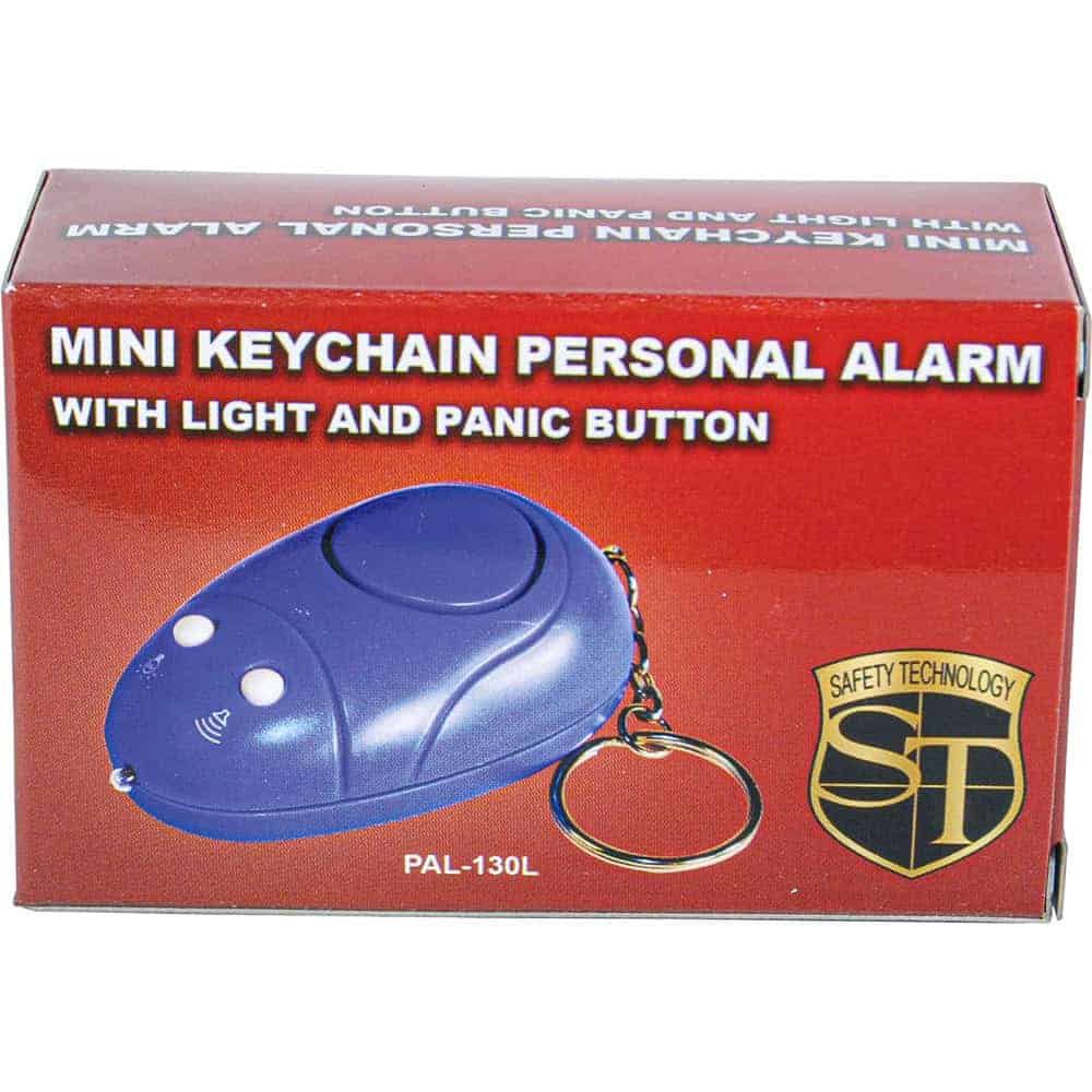 Blue Keychain 130db Alarm with Flashlight - Front View of Retail Package. This image showcases the key features of the product, including the bright blue color, the 130db alarm capability, and the integrated flashlight, all presented in its retail packaging for a clear and appealing display