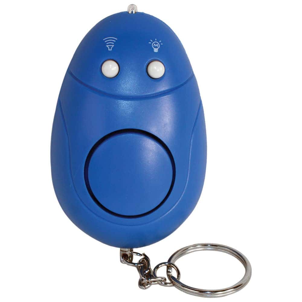 Blue Keychain 130db Alarm with Flashlight: A compact and powerful security device. It features a bright blue color, a 130db alarm, and an integrated flashlight, all in a keychain-sized package. Ideal for personal safety and easy to carry