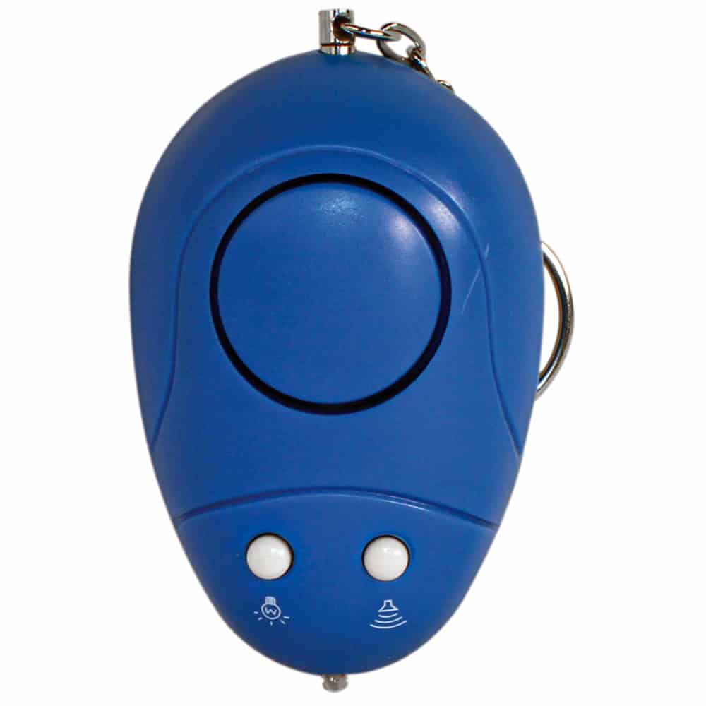 Blue Keychain 130db Alarm with Flashlight: A compact and powerful security device. It features a bright blue color, a 130db alarm, and an integrated flashlight, all in a keychain-sized package. Ideal for personal safety and easy to carry