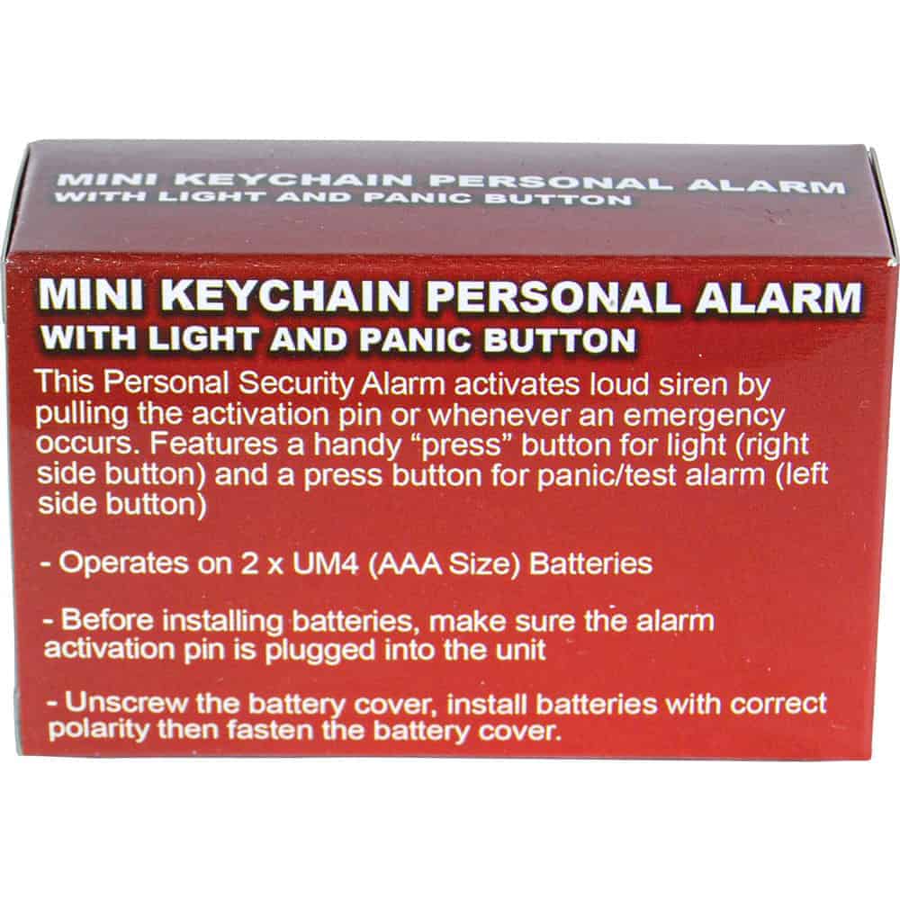Blue Keychain 130db Alarm with Flashlight - Rear View of Retail Package with Instructions. This image showcases the back of the product packaging, including instructions for use and key features of the alarm