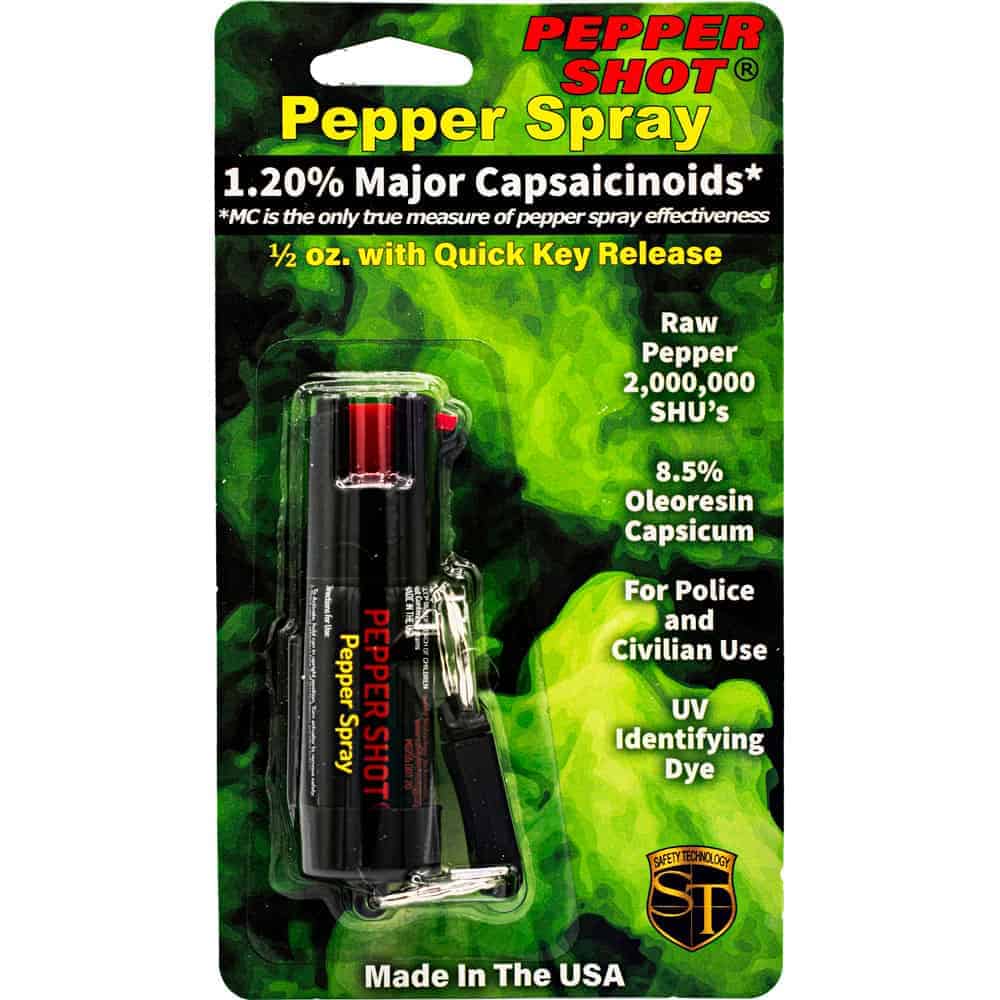 Pepper Shot 1/2 oz Pepper Spray Belt Clip and Quick Release Key Chain - Front View in Retail Package