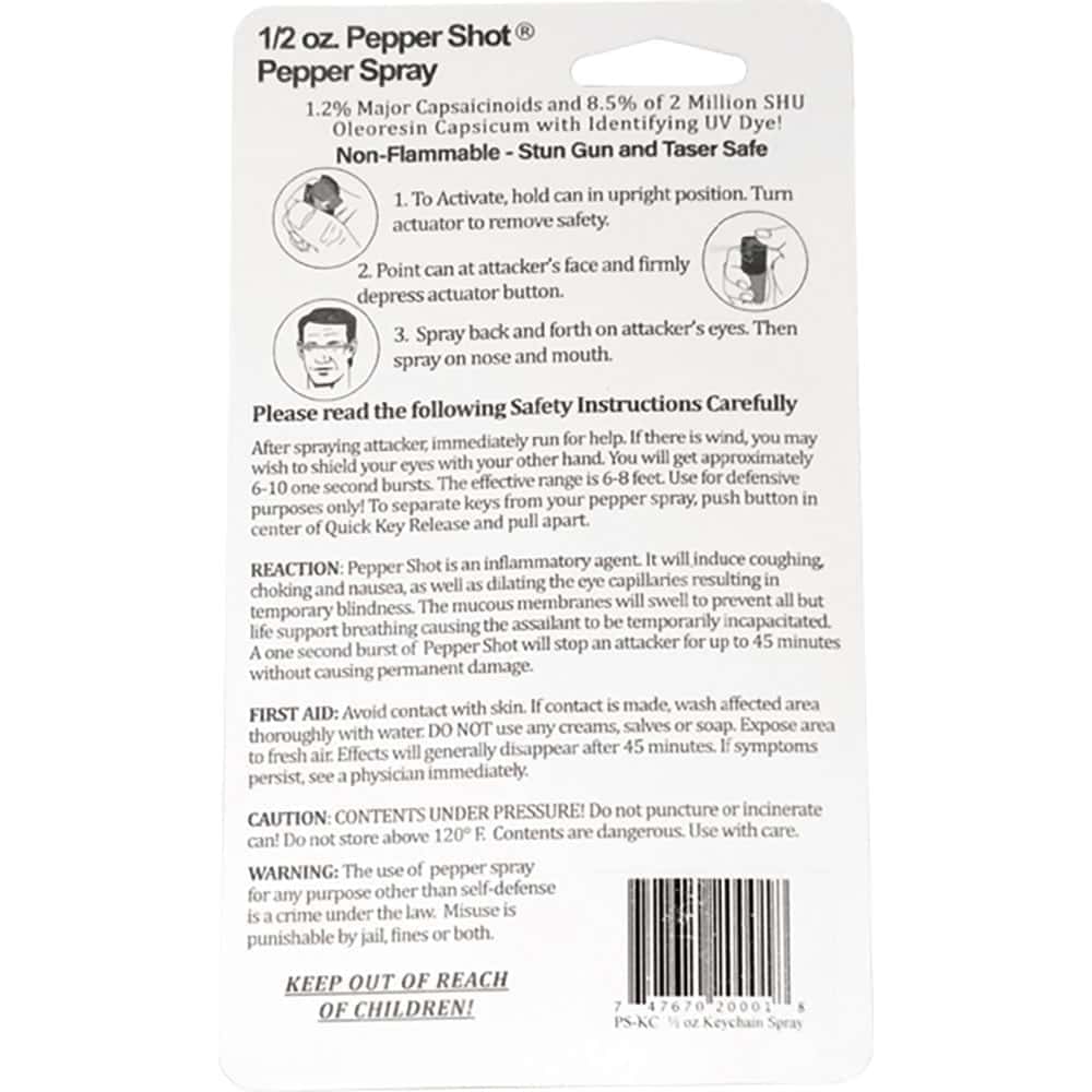 Pepper Shot 1/2 oz Pepper Spray Belt Clip and Quick Release Key Chain - Rear View of Retail Package