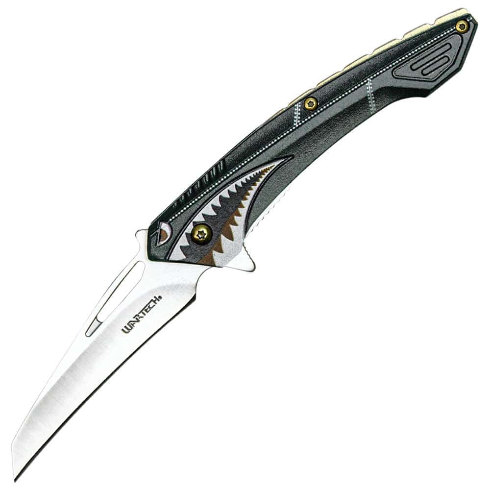 Assisted Open Folding Pocket Knife with Flying Shark Design Open View