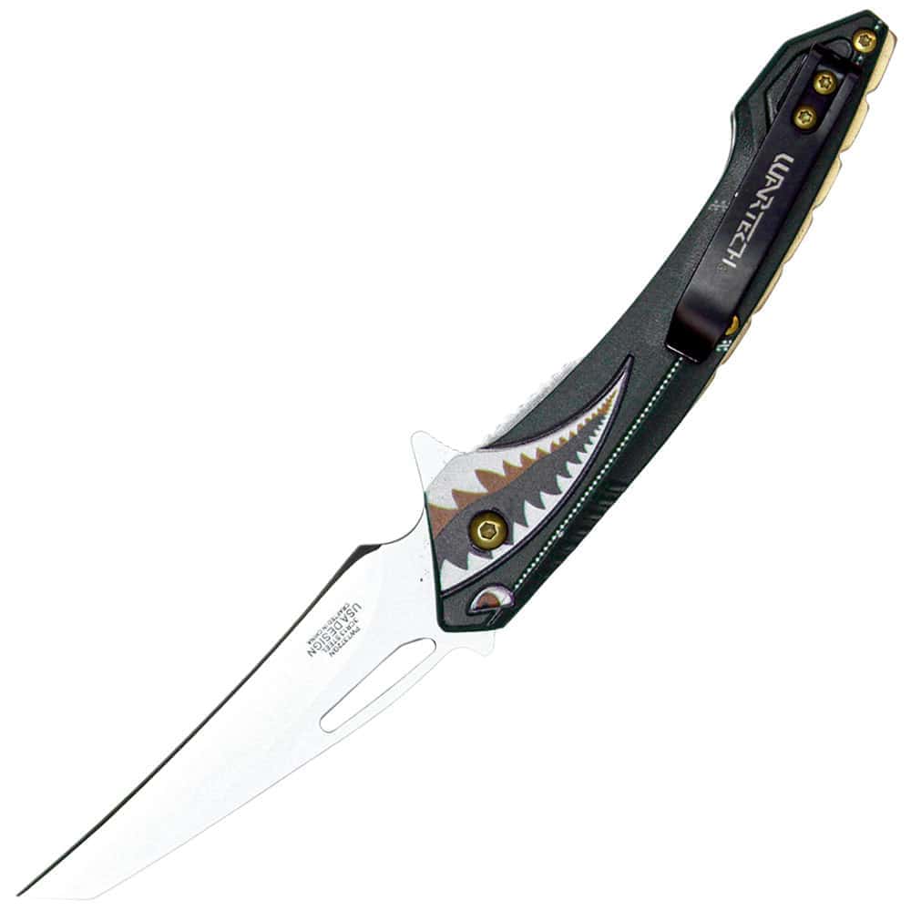 Assisted Open Folding Pocket Knife with Flying Shark Design Open View with Belt Clip