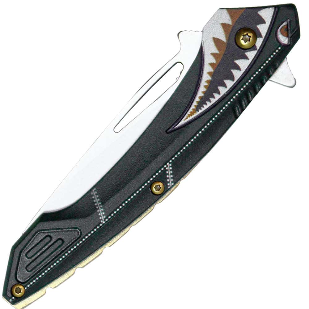 Assisted Open Folding Pocket Knife with Flying Shark Design Closed