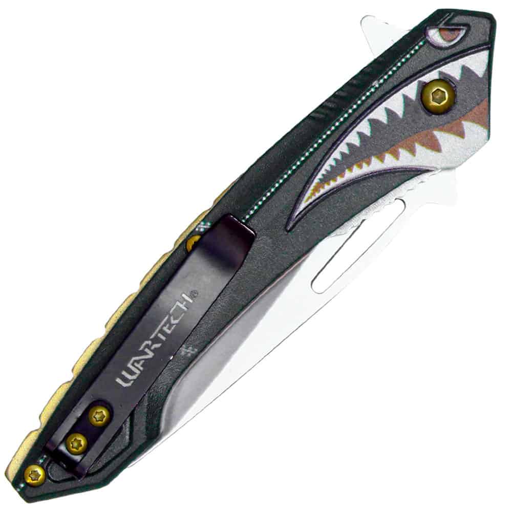 Assisted Open Folding Pocket Knife with Flying Shark Design Closed with Belt Clip