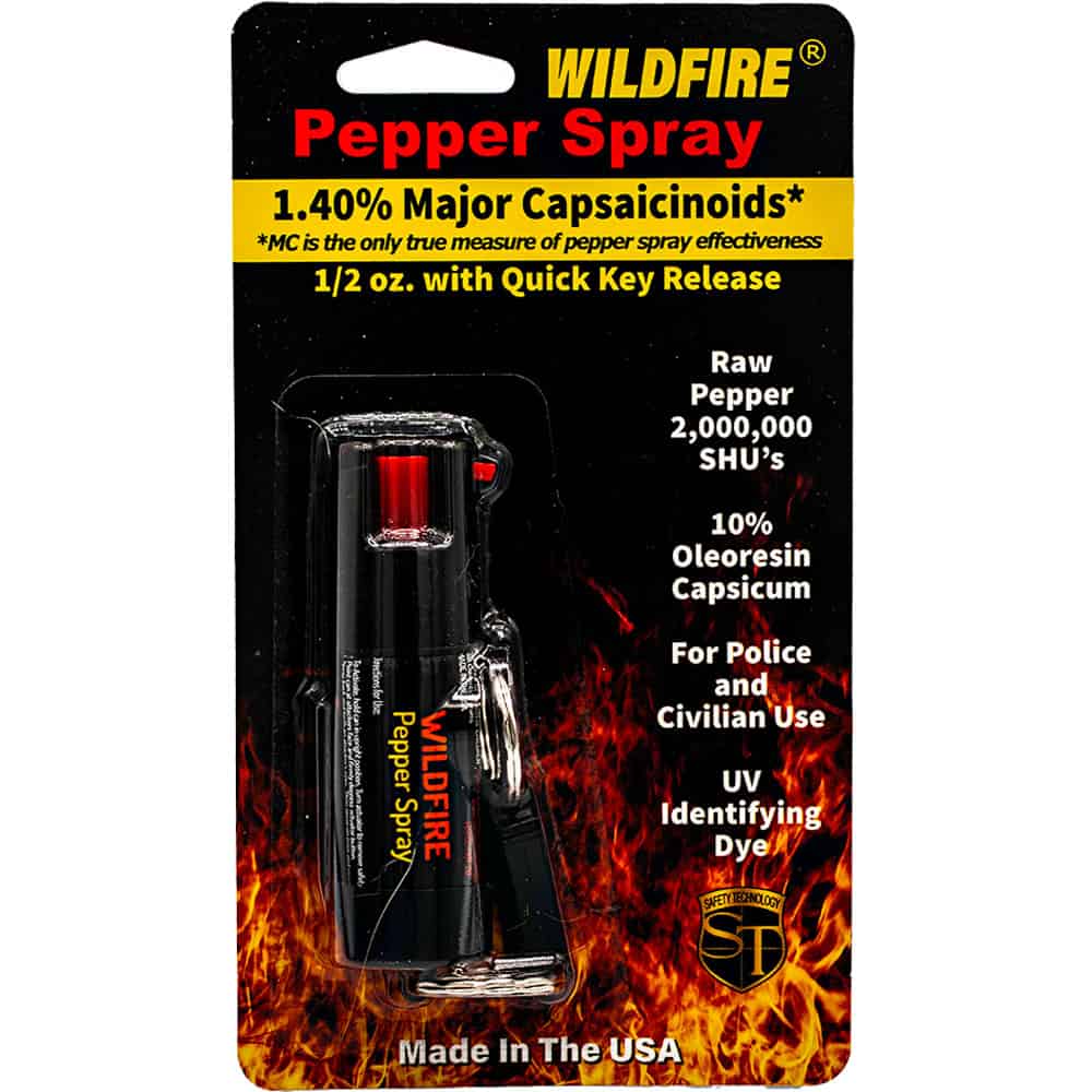 Wildfire Pepper Spray With Belt Clip and Quick Release Key Chain Front View in Retail Package
