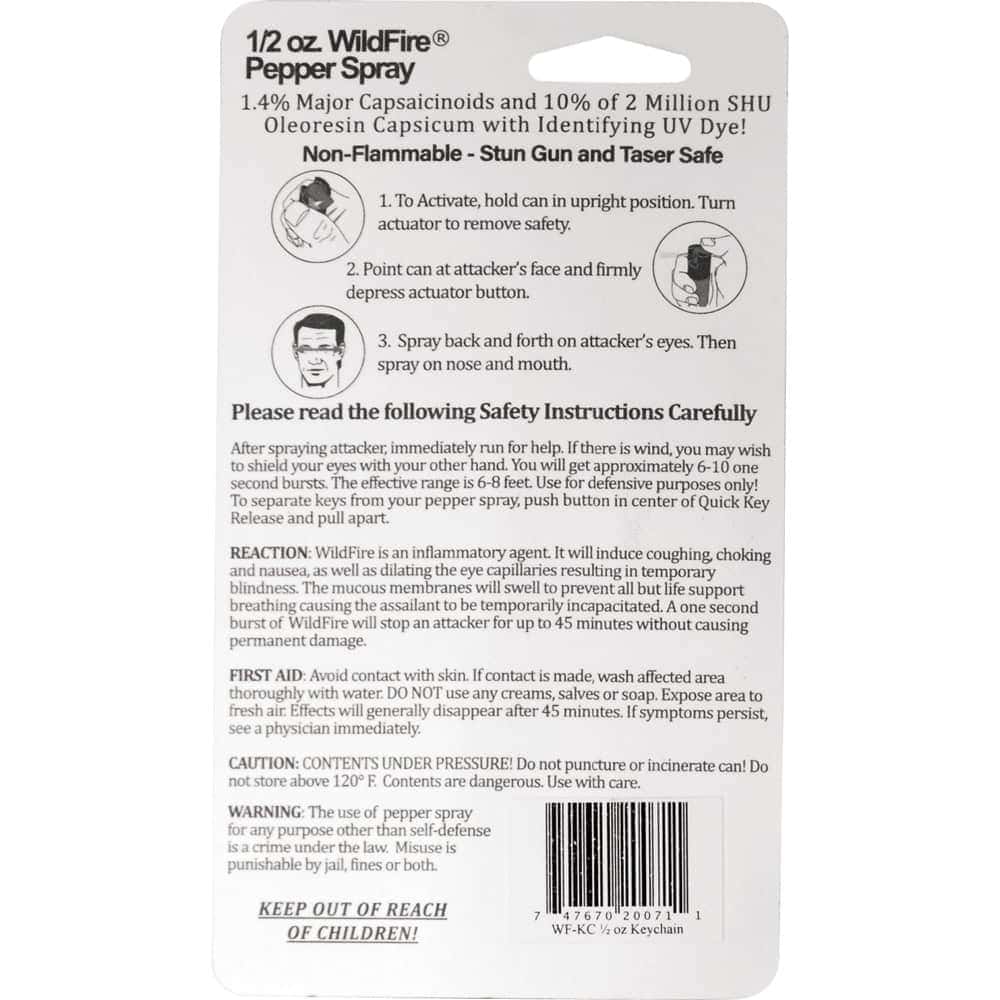 Wildfire Pepper Spray With Belt Clip and Quick Release Key Chain Rear View in Retail Package