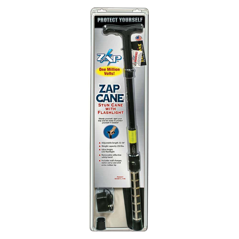 1 Million Volt Rechargeable ZAP Stun Cane with Flashlight Shown in Retail Package
