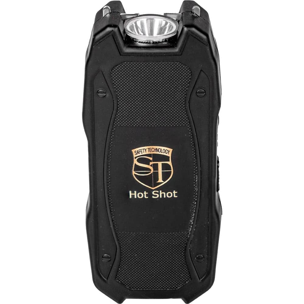 90 Million Volt Hot Shot Rechargeable Stun Gun with Flashlight and Battery Meter Front View
