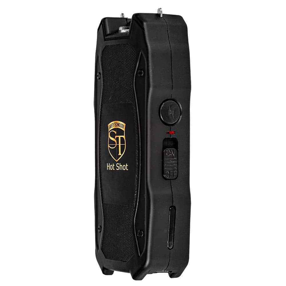 90 Million Volt Hot Shot Rechargeable Stun Gun with Flashlight and Battery Meter Side View