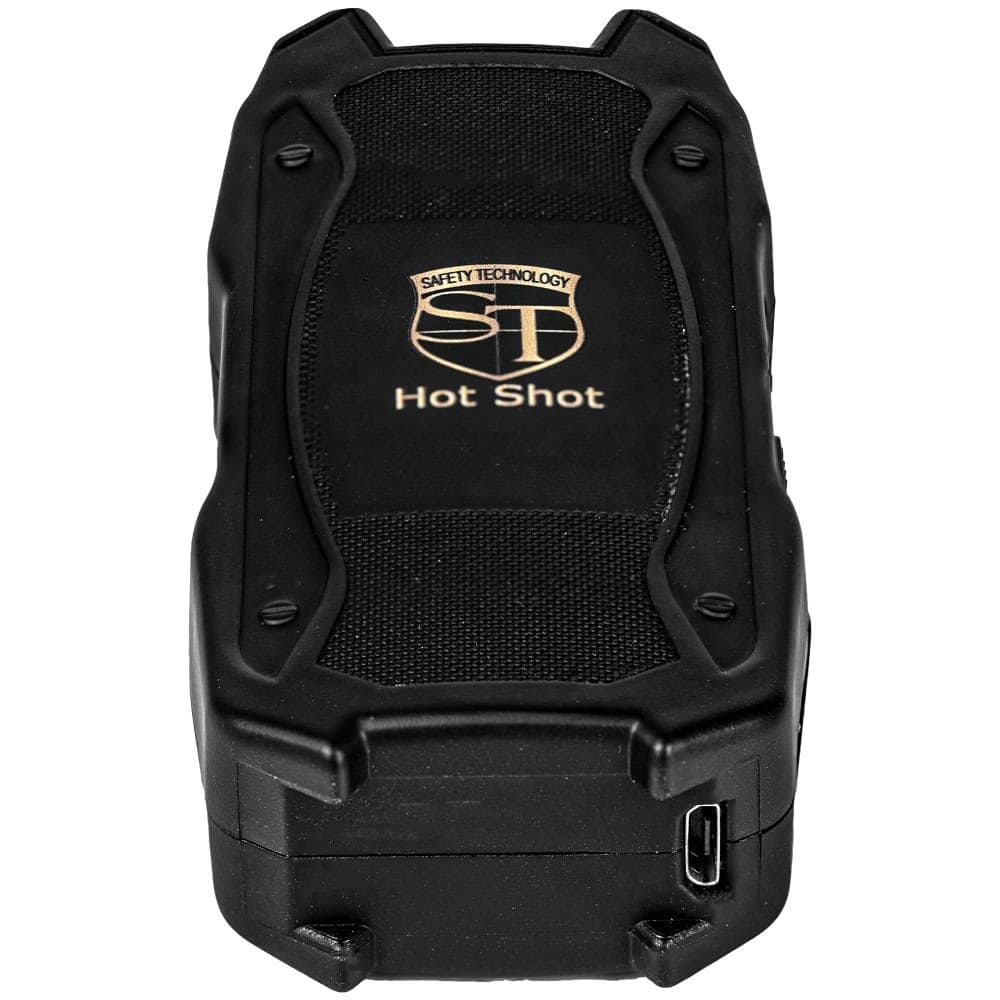 90 Million Volt Hot Shot Rechargeable Stun Gun with Flashlight and Battery Meter Front View