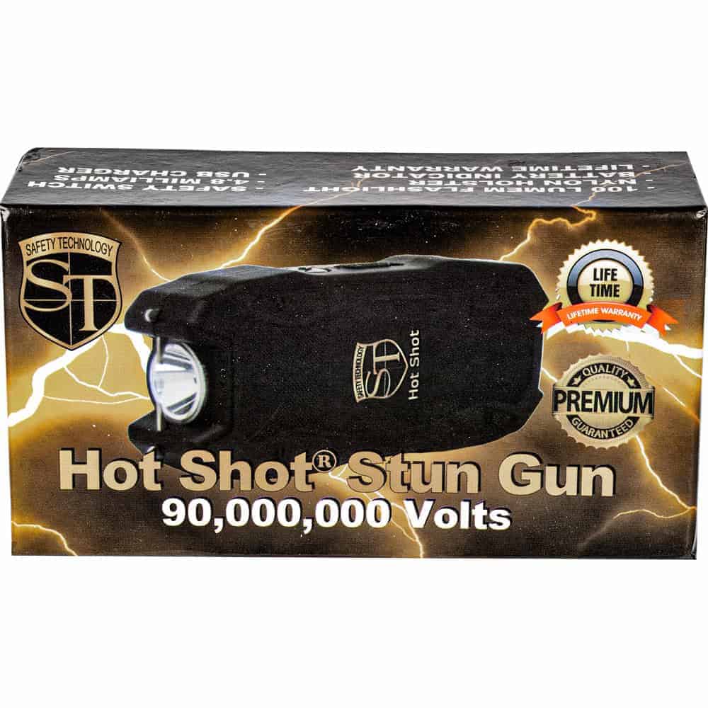 90 Million Volt Hot Shot Rechargeable Stun Gun with Flashlight and Battery Meter in Retail Package