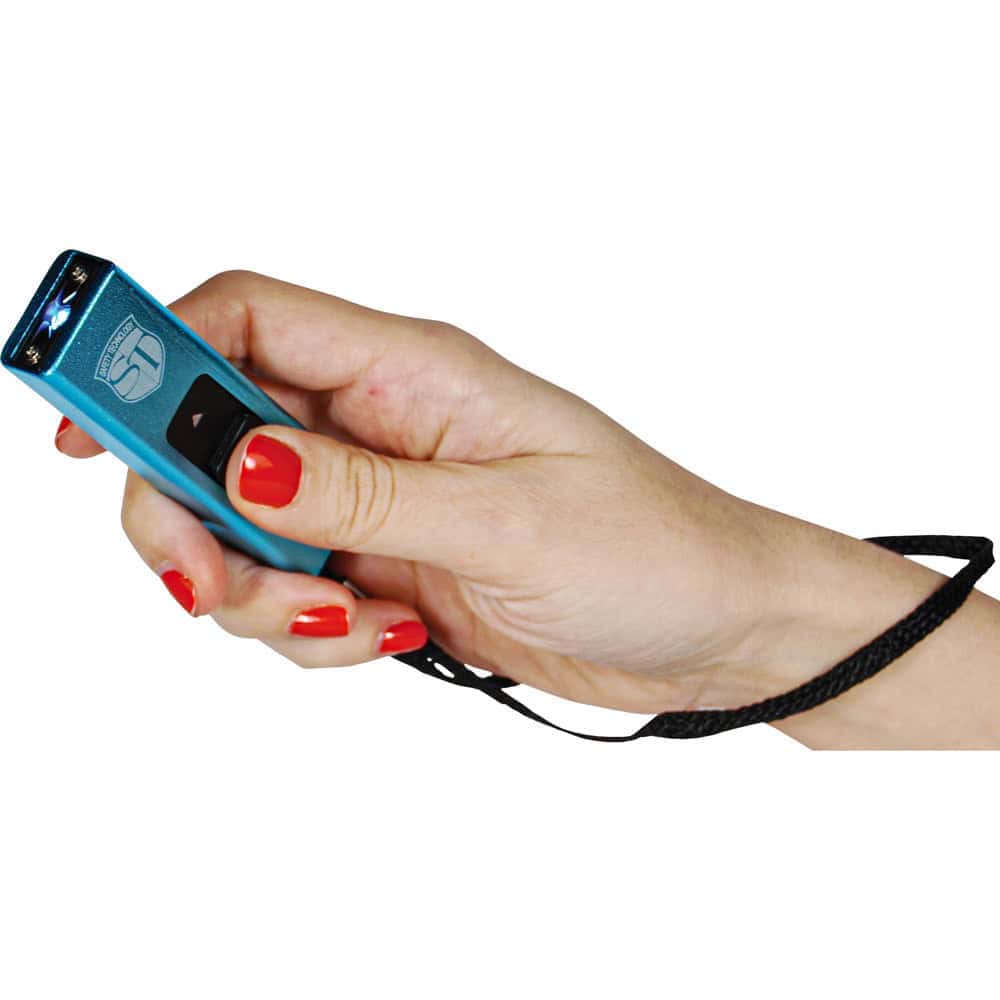 Blue Slider Stun Gun with LED Flashlight USB Rechargeable Shown In Hand with Wrist Strap | Advanced Safety Tech Blue Slider Stun Gun with Led Flashlight Usb Rechargeable Shown in Hand with Wrist Strap Advanced Safety Tech Blue Slider Stun Gun with Led Flashlight Usb Rechargeable Shown in Hand with Wrist Strap