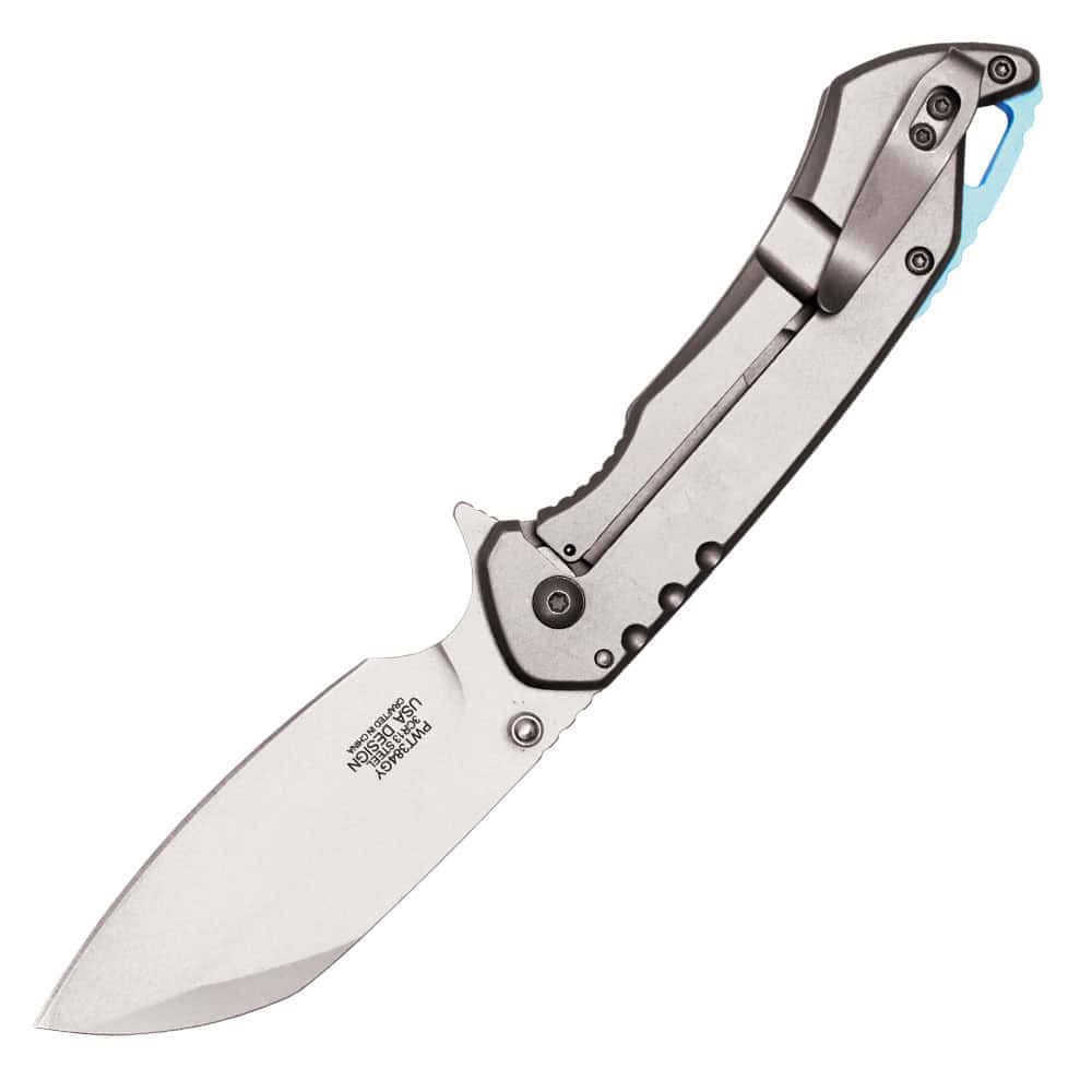 Silver Assisted Open Folding Pocket Knife with Handle Accents Open View | Advanced Safety Tech Silver Assisted Open Folding Pocket Knife with Handle Accents Open View Advanced Safety Tech Silver Assisted Open Folding Pocket Knife with Handle Accents Open View