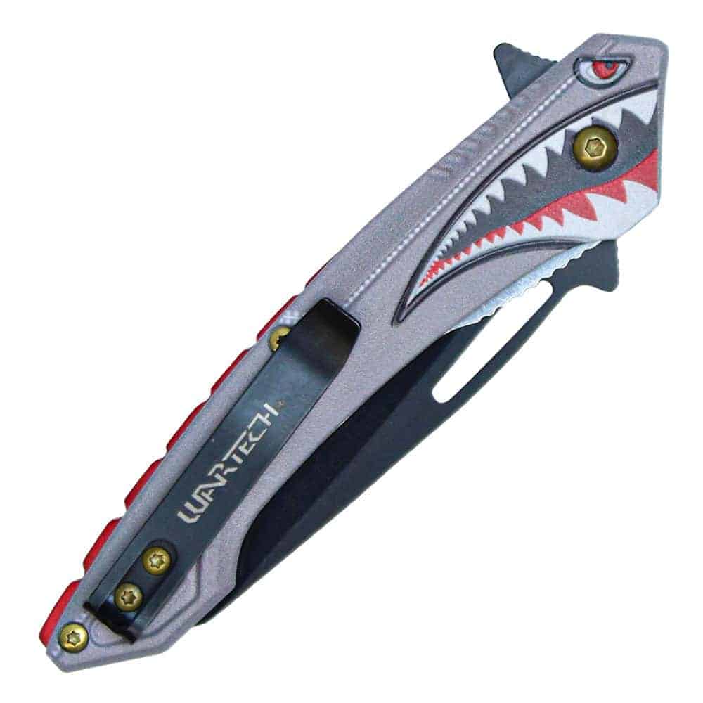 Assisted Open Folding Pocket Knife with Flying Shark Design Closed with Belt Clip | Advanced Safety Tech Assisted Open Folding Pocket Knife with Flying Shark Design Closed with Belt Clip Advanced Safety Tech Assisted Open Folding Pocket Knife with Flying Shark Design Closed with Belt Clip
