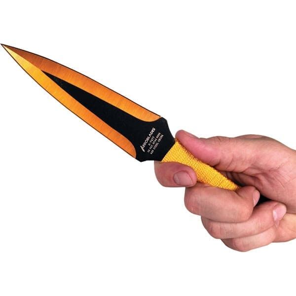 2 Piece Throwing Knife Black/Gold Color BioHazard Shown in Hand | Advanced Safety Tech 2 Piece Throwing Knife Black/gold Color Biohazard Shown in Hand Advanced Safety Tech 2 Piece Throwing Knife Black/gold Color Biohazard Shown in Hand