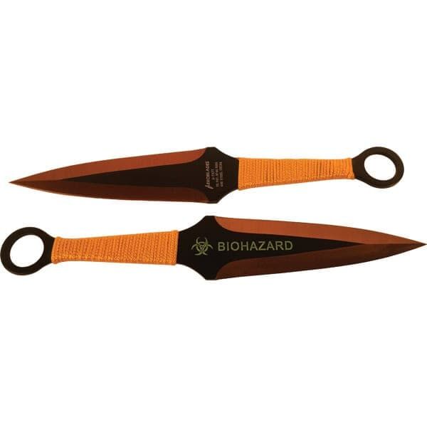 2 Piece Throwing Knife Black/Gold Color BioHazard Logo | Advanced Safety Tech 2 Piece Throwing Knife Black/gold Color Biohazard Logo Advanced Safety Tech 2 Piece Throwing Knife Black/gold Color Biohazard Logo