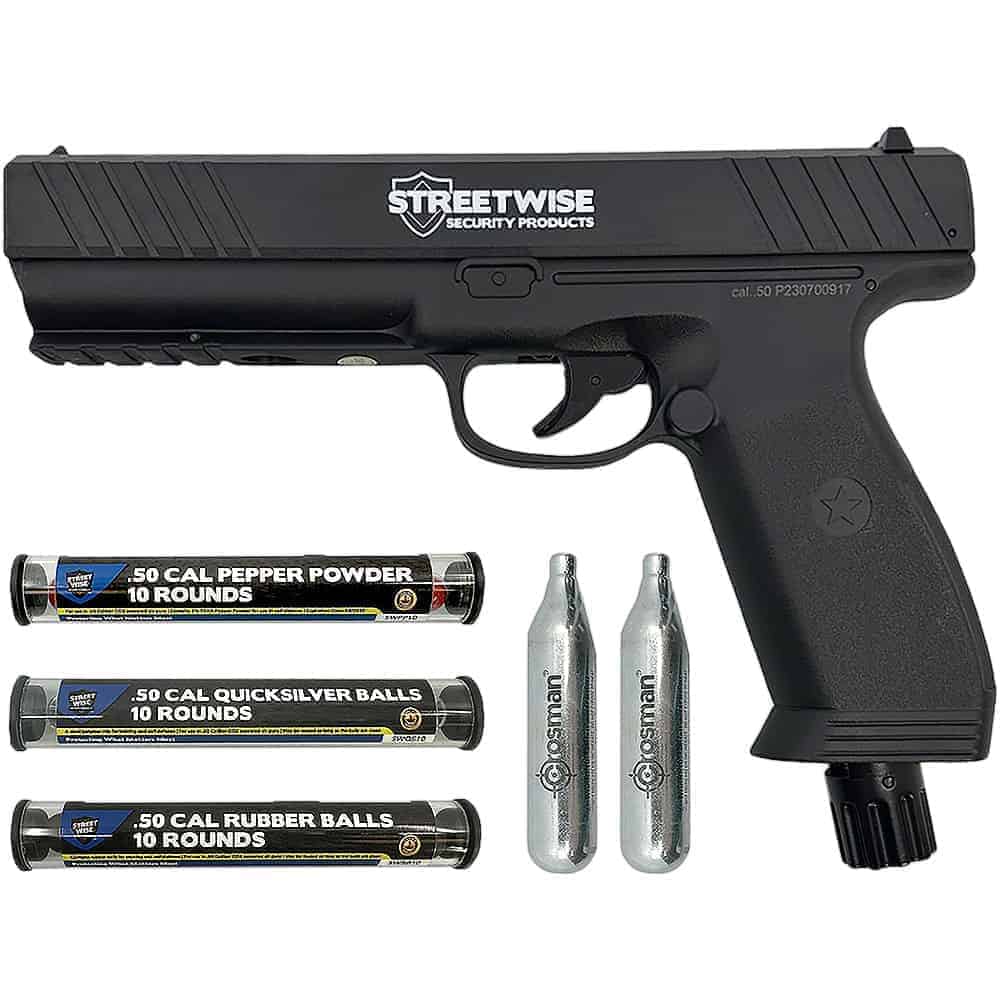 Includes Streetwise Pepper Launcher, 10 Pepper Rounds (5% PAVA), 10 Quicksilver Rounds, 10 Rubber Balls, 2 CO2 Canisters | Advanced Safety Tech Includes Streetwise Pepper Launcher, 10 Pepper Rounds (5% Pava), 10 Quicksilver Rounds, 10 Rubber Balls, 2 Co2 Canisters Advanced Safety Tech Includes Streetwise Pepper Launcher, 10 Pepper Rounds (5% Pava), 10 Quicksilver Rounds, 10 Rubber Balls, 2 Co2 Canisters