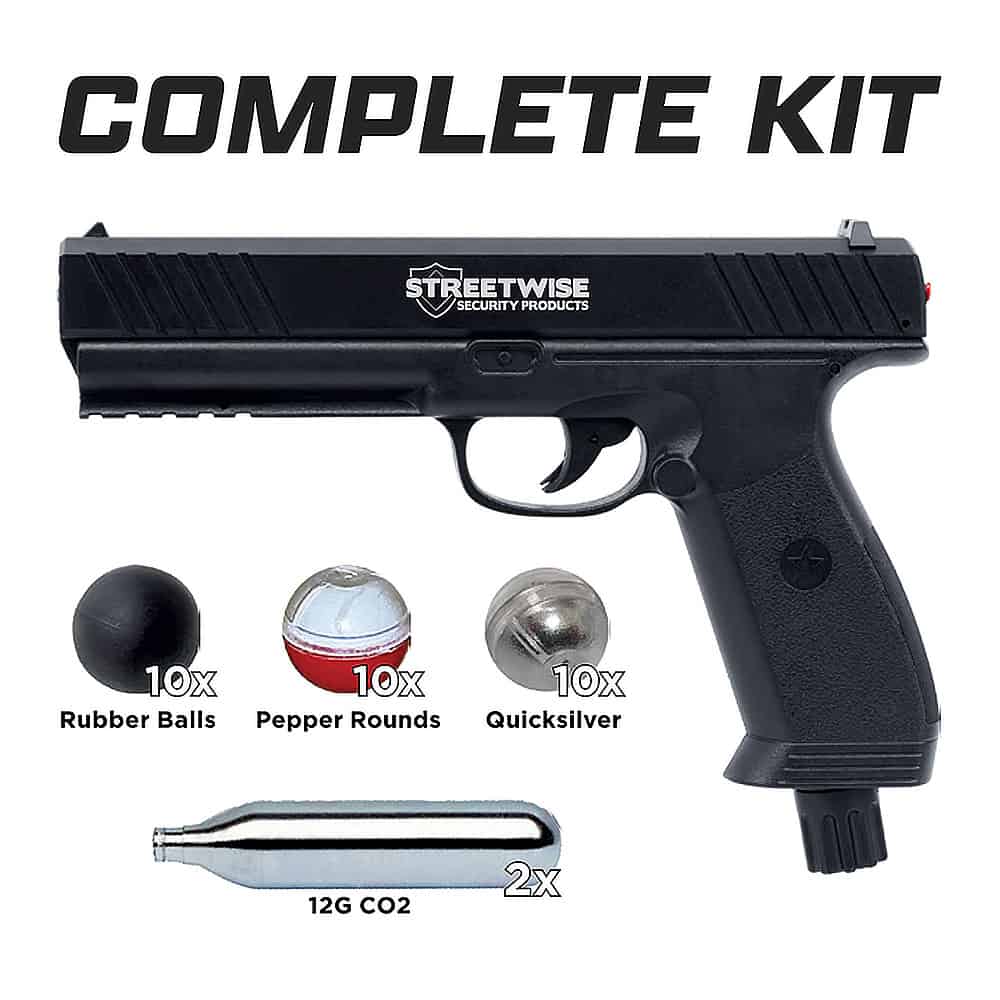Includes Streetwise Pepper Launcher, 10 Pepper Rounds (5% PAVA), 10 Quicksilver Rounds, 10 Rubber Balls, 2 CO2 Canisters | Advanced Safety Tech Includes Streetwise Pepper Launcher, 10 Pepper Rounds (5% Pava), 10 Quicksilver Rounds, 10 Rubber Balls, 2 Co2 Canisters Advanced Safety Tech Includes Streetwise Pepper Launcher, 10 Pepper Rounds (5% Pava), 10 Quicksilver Rounds, 10 Rubber Balls, 2 Co2 Canisters