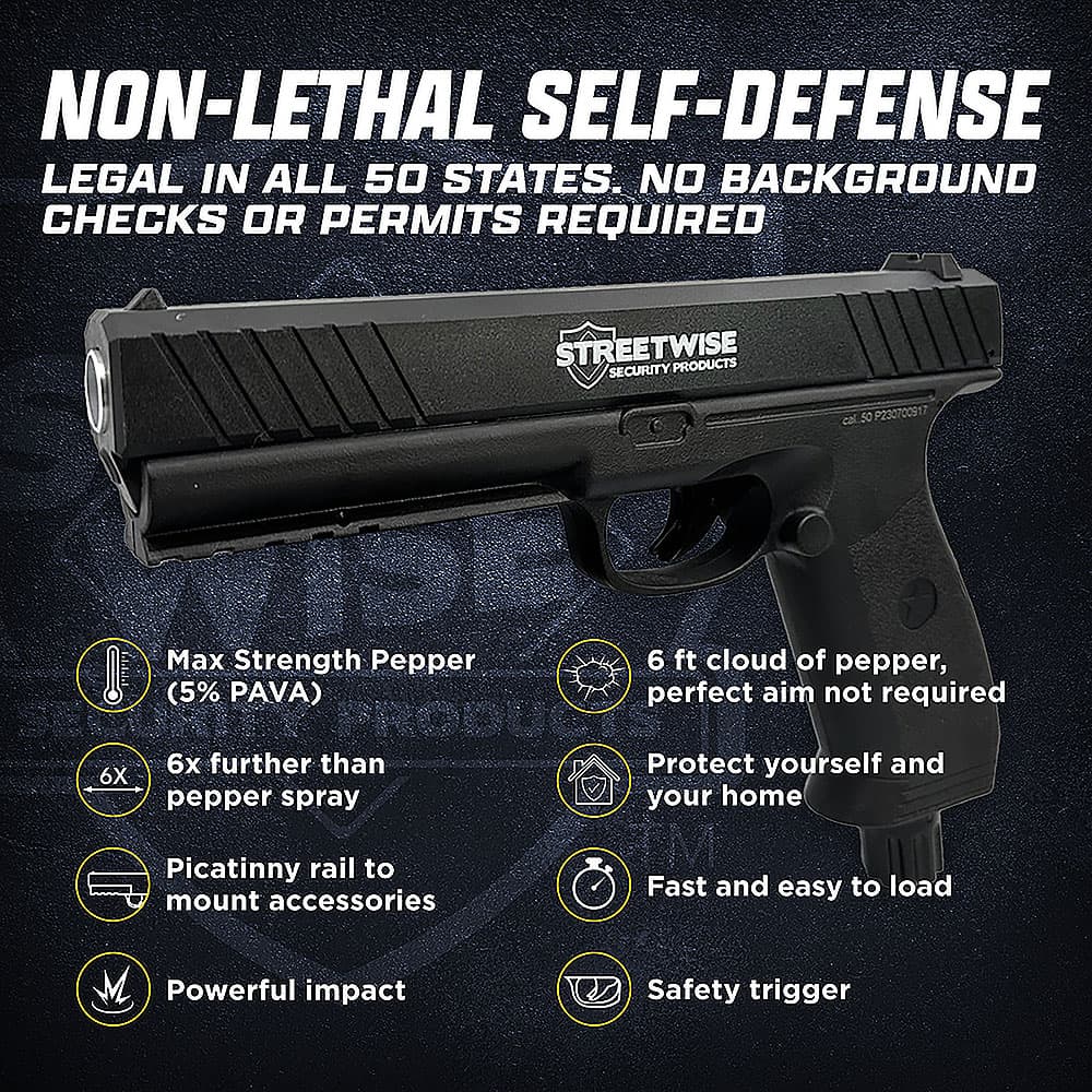 Includes Streetwise Pepper Launcher, 10 Pepper Rounds (5% PAVA), 10 Quicksilver Rounds, 10 Rubber Balls, 2 CO2 Canisters | Advanced Safety Tech Includes Streetwise Pepper Launcher, 10 Pepper Rounds (5% Pava), 10 Quicksilver Rounds, 10 Rubber Balls, 2 Co2 Canisters Advanced Safety Tech Includes Streetwise Pepper Launcher, 10 Pepper Rounds (5% Pava), 10 Quicksilver Rounds, 10 Rubber Balls, 2 Co2 Canisters